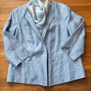 🪻Talbots Woman blue linen open front jacket with 3/4 sleeves. Size 14W.